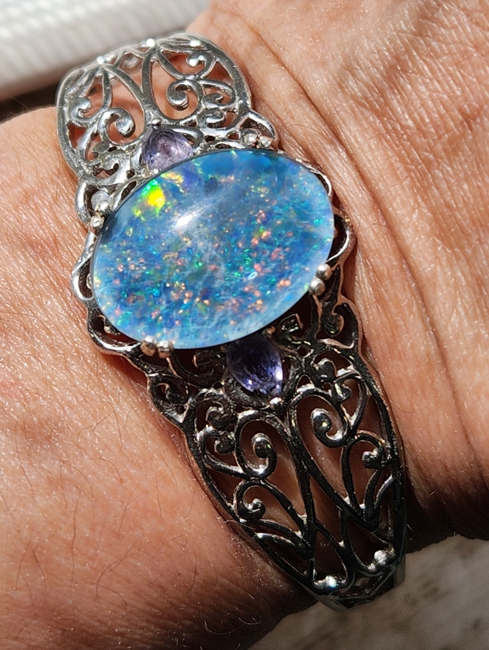 VTG Large Natural Opal & Amethyst 925 Filigree Cuff Btacelet - Picture 2 of 16